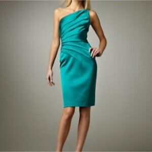 NWT David Meister Cocktail Dress Sz. 2 Teal Satin One Shoulder Ruched Sheath